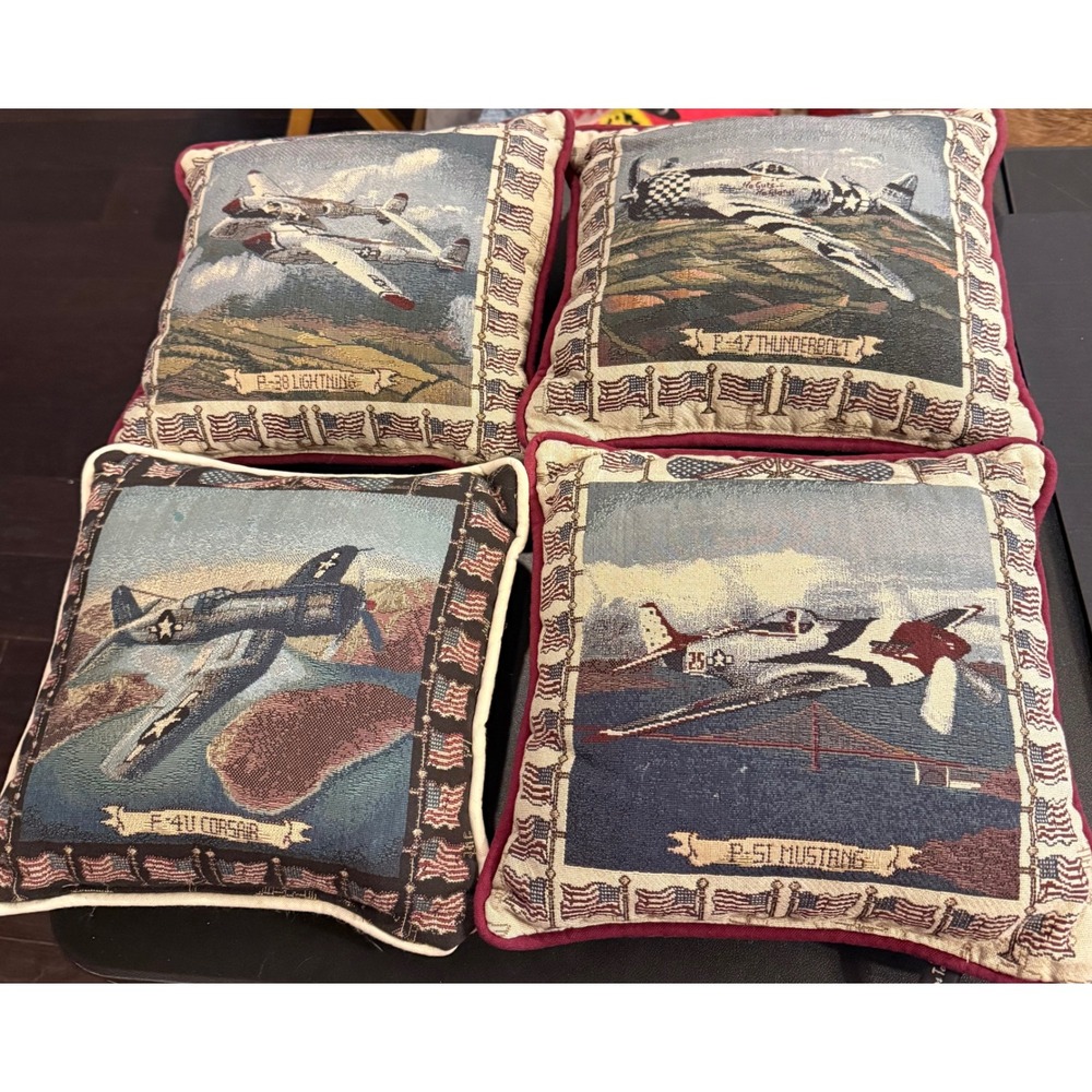 Designers Touch 9x9 Throw Pillow Multicolor WWII Fighter Plane Tapestry Lot of 4